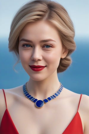 beautiful women, realistic, high resolution, red lipstick, sharp nose, one eye closed, dove eyes, eye brow trimmed, freya, human skin tone, red sleevless dress, eye contact, blue stone necklase, smiling, mouth closed