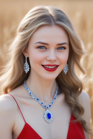 beautiful women, realistic, high resolution, red lipstick, sharp nose, one eye closed, dove eyes, eye brow trimmed, freya, human skin tone, red sleevless dress, eye contact, blue stone necklase, smiling, mouth closed, blue eyes, long hair, diamond ear rings, wheat skin color, face rested on the hand