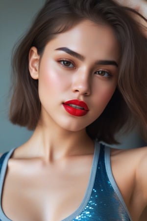 beautiful women, realistic, high resolution, red lipstick, sharp nose, eye brow trimmed, glittering skin, mouth closed, shorts, crop top