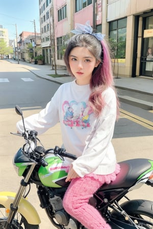 A young woman clad in vibrant Fairy Kei fashion sits, on a Kawasaki Z900RS motorcycle. Distinct hairstyles and hair colors. She is dressed in a pastel color palette with a mix of textures like soft knits and tulle. T-shirt with cute graphics, fluffy sweaters, layered skirts, and patterned leggings. Urban background, suggesting a street fashion scene. Bright, colorful aesthetic with a whimsical, youthful vibe, reflecting the unique Fairy Kei subculture, cluttered maximalism, 64k, UDR, HDR, and highly detailed. Masterpiece. 