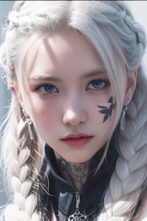 1girl, solo, long hair, looking at viewer, blue eyes, jewelry, closed mouth, braid, white hair, earrings, twin braids, lips, grey eyes, tattoo, facial mark, portrait, hair over shoulder, realistic