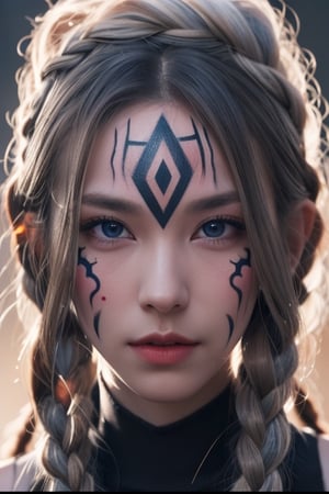 1girl, solo, looking at viewer, blue eyes, brown eyes, closed mouth, braid, grey hair, twin braids, lips, eyelashes, facial mark, portrait, backlighting, nose, facepaint, facial tattoo, multiple braids