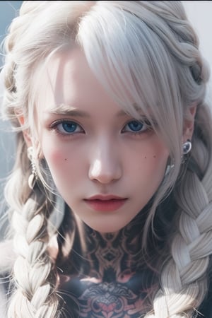 1girl, solo, long hair, looking at viewer, blue eyes, jewelry, closed mouth, braid, white hair, earrings, twin braids, lips, grey eyes, tattoo, facial mark, portrait, hair over shoulder, realistic