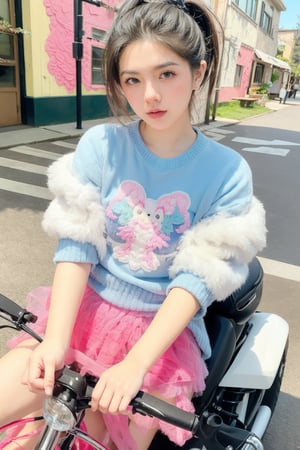 A young woman clad in vibrant Fairy Kei fashion sits, on a Kawasaki Z900RS motorcycle. Distinct hairstyles and hair colors. She is dressed in a pastel color palette with a mix of textures like soft knits and tulle. T-shirt with cute graphics, fluffy sweaters, layered skirts, and patterned leggings. Urban background, suggesting a street fashion scene. Bright, colorful aesthetic with a whimsical, youthful vibe, reflecting the unique Fairy Kei subculture, cluttered maximalism, 64k, UDR, HDR, and highly detailed. Masterpiece. 