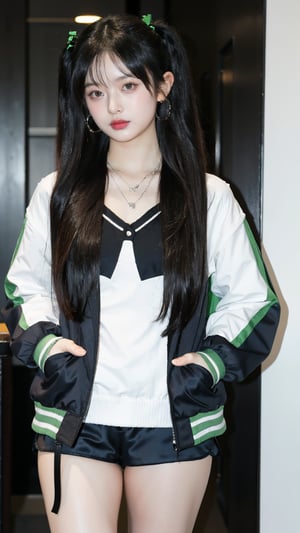 1girl, solo, long hair, looking at viewer, blue eyes, twintails, jewelry, closed mouth, standing, jacket, cowboy shot, earrings, green hair, open clothes, horns, shorts, necklace, open jacket, black jacket, tattoo, black shorts, piercing, ear piercing, hands in pockets