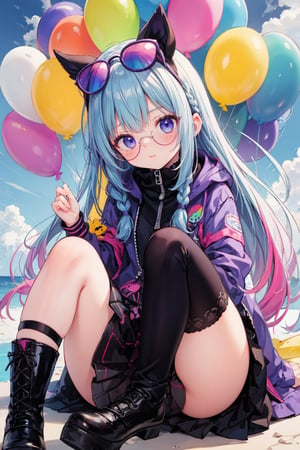 masterpiece,bestquality,1girl,prettyandcute,(rainbowcolorHighlightHair,colorfulhair:1.4),wearingblueand(purplesunglasses:1.2),yellowjacketwithwhitepattern,whitesweater,manycoloredballoons,dollface,ponytailbraid,perfectdetaileyes,delicateface,perfectcg,HDquality,coloredballoons,sky,blackboots