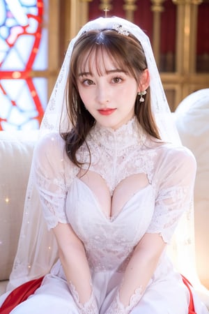 masterpiece, 1girl, (mature female:0.5), tall body, golden proportions, (Kpop idol), (shiny skin:1.2), (oil skin:1.1), makeup, (close up), (church background), depth of field, (closed mouth:0.5), ((long wavy brown hair)), (puffy eyes), (eyelashes:1.1), (parted lips:1.1), red lipstick, fantasy art style, dreamy light, (high neck light lace wedding dress:1.59), (long wedding dress:1.39), (lace:1.3), perfect body, (dreamy veil:1.3), (dusk:1.2), princess shoes, (diamond necklace), (crystal hairpin), tyndall effect, highres, (Sit on the sofa, wedding chapel:1.35), (cleavage), narrow waist, Gigantic Breast, looking at viewer, upper body, Cleavage, Upper body, Looking at viewer, Realistic, (glowing sparkling red dress:1.5),Realistic,Cleavage 