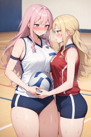 masterpiece, Best Quality, anatomically correct, high resolution, Ultimate cutie, Shiny hair, ((gyaru)), 17 years old, medium breasts, curvy, plump, (Thick thighs), (2 girls), (2 Female volleyball players), ((yuri)), ((sad)), tearfully, ((blush)), 
BREAK, (Holding dirty spherical 6-inch volleyball ball), 
BREAK, ((buruma)), (Volleyball uniform), Sleeveless, (Knee pad), (elbow sleeve), (Bare hands), ((Sweat)), ((Covered in sweat)), deep breathing, on valleyball court, in gymnasium, eye contact, cowboy shot