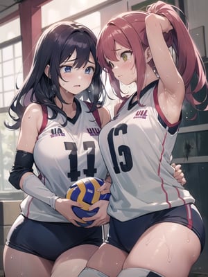(((masterpiece))), (((Best Quality))), (((ultra-detail art))), (((high resolution))), ((superfine illustration)), ((Ultimate cutie)), Detailed beautiful face, Shiny hair, (gals), ((Plump)), (((2girls))), (((2 Female volleyball players))), ((Yuri)), ((sad)), Tears, ((blush)), 
BREAK, ((Holds dirty spherical 6-inch volleyball ball)), BREAK, (((Buruma))), (Volleyball uniform), Sleeveless Volleyball Uniforms, (((Buruma))), (Knee pad), (elbow pad), (Bare hands), ((Sweat)), ((Covered in sweat)), (deep breathing), on valleyball court, in gymnasium, Look at viewers, 