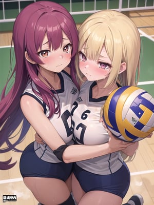 (((masutepiece))), (((Best Quality))), (((ultra-detailliert))), (((hight resolution))), ((superfine illustration)), ((Ultimate cutie)), Detailed beautiful face, Shiny hair, (gals), ((Plump)), (((2girls))), (((2 Female volleyball players))), ((Yuri)), ((sad)), Tears, ((blush)), 
BREAK, (((Holds dirty spherical 6-inch volleyballs))), BREAK, (((Buruma))), (Volleyball uniform), Sleeveless Volleyball Uniforms, (((Buruma))), (Knee pad), (elbow pad), (Bare hands), ((Sweat)), ((Covered in sweat)), (deep breathing), on valleyball court, in gymnasium, Lighting, From  above, Look at viewers, 