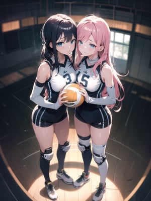 A masterpiece of ultra detailed art! In a high-resolution illustration, we find two female volleyball players, Yuri, dressed in sleeveless volleyball uniforms, knee pads, and elbow pads. Their bare hands hold 6-inch volleyball ball as they stand on the valleyball court within a gymnasium. The lighting comes from above, casting a warm glow on their faces, which are filled with sadness (sad) and slight embarrassment (blush). Tears well up in their eyes as they gaze directly at the viewer, their shiny hair styled in a gyaru fashion. The overall composition is one of deep breathing, exhaustion, and vulnerability, inviting us to step into their emotional valley.