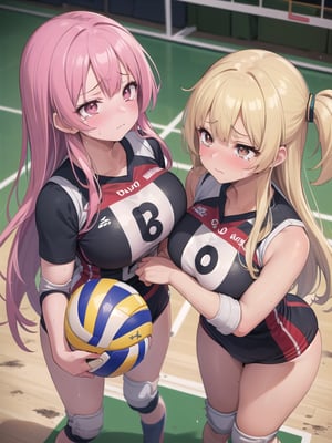 (((masutepiece))), (((Best Quality))), (((ultra-detailliert))), (((hight resolution))), ((superfine illustration)), ((Ultimate cutie)), Detailed beautiful face, Shiny hair, (gals), ((Plump)), (((2girls))), (((2 Female volleyball players))), ((Yuri)), ((sad)), Tears, ((blush)), 
BREAK, (((Holds dirty spherical 6-inch volleyballs))), BREAK, (((Buruma))), (Volleyball uniform), Sleeveless Volleyball Uniforms, (((Buruma))), (Knee pad), (elbow pad), (Bare hands), ((Sweat)), ((Covered in sweat)), (deep breathing), on valleyball court, in gymnasium, Lighting, From  above, Look at viewers, 