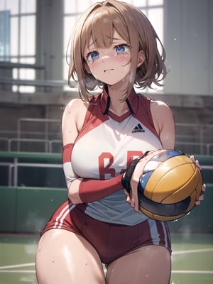 masterpiece, Best Quality, high resolution, ((Ultimate cutie)), Detailed beautiful face, Shiny hair, (gyaru), (Plump), (((soro))), (Female volleyball players), (Yuri)), (((frustrated expression))), ((tearfully)), ((blush)), 
BREAK, ((Holding a dirty spherical 6-inch volleyball ball)), BREAK, adidas, (Buruma), (Volleyball uniform), Sleeveless, (Knee pad), (elbow pad), (Bare hands), ((Sweat)), ((Covered in sweat)), (deep breathing), on valleyball court, in gymnasium, cowboy shot