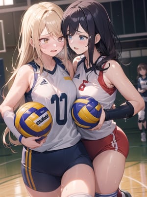 masterpiece, Best Quality, high resolution, ((Ultimate cutie)), Detailed beautiful face, Shiny hair, (gyaru), ((Plump)), (((2girls))), (((2 Female volleyball players))), ((Yuri)), ((frustrated expression)), ((tearfully)),  ((blush)), 
BREAK, ((Holds dirty spherical 6-inch volleyball ball)), BREAK, adidas, (Buruma), (Volleyball uniform), Sleeveless, (Knee pad), (elbow pad), (Bare hands), ((Sweat)), ((Covered in sweat)), (deep breathing), on valleyball court, in gymnasium, Look at viewers, cowboy shot