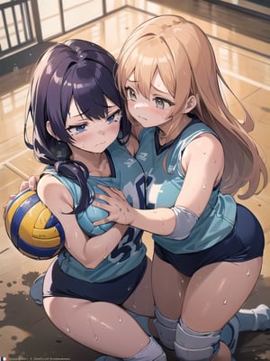 (((masutepiece))), (((Best Quality))), (((ultra-detailliert))), (((hight resolution))), ((superfine illustration)), ((Ultimate cutie)), Detailed beautiful face, Shiny hair, (gals), ((Plump)), (((2girls))), (((2 Female volleyball players))), ((Yuri)), ((sad)), Tears, ((blush)), 
BREAK, (((Holds dirty spherical 6-inch volleyballs))), BREAK, (((Buruma))), (Volleyball uniform), Sleeveless Volleyball Uniforms, (((Buruma))), (Knee pad), (elbow pad), (Bare hands), ((Sweat)), ((Covered in sweat)), (deep breathing), on valleyball court, in gymnasium, Lighting, From  above, Look at viewers, 