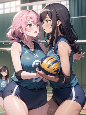 masterpiece, Best Quality, high resolution, ((Ultimate cutie)), Detailed beautiful face, Shiny hair, (gyaru), ((Plump)), (((2girls))), (((2 Female volleyball players))), (Yuri)), ((frustrated expression)), ((tearfully)),  ((blush)), 
BREAK, ((Holding a dirty spherical 6-inch volleyball ball)), BREAK, adidas, (Buruma), (Volleyball uniform), Sleeveless, (Knee pad), (elbow pad), (Bare hands), ((Sweat)), ((Covered in sweat)), (deep breathing), on valleyball court, in gymnasium, cowboy shot