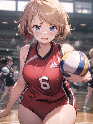 masterpiece, Best Quality, high resolution, ((Ultimate cutie)), Detailed beautiful face, Shiny hair, (gyaru), (Plump), (((soro))), (Female volleyball players), (Yuri)), (((frustrated expression))), ((tearfully)), ((blush)), 
BREAK, ((Holding a dirty spherical 6-inch volleyball ball)), BREAK, adidas, (Buruma), (Volleyball uniform), Sleeveless, (Knee pad), (elbow pad), (Bare hands), ((Sweat)), ((Covered in sweat)), (deep breathing), on valleyball court, in gymnasium, cowboy shot