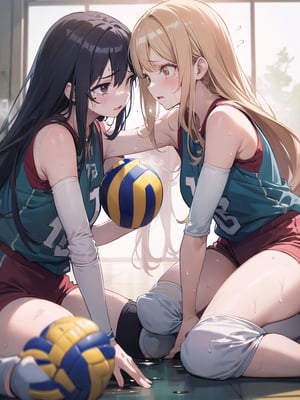 (((masterpiece))), (((Best Quality))), (((ultra-detail art))), (((high resolution))), ((superfine illustration)), ((Ultimate cutie)), Detailed beautiful face, Shiny hair, (gyaru), ((Plump)), (((2girls))), (((2 Female volleyball players))), ((Yuri)), ((frustrated expression)), ((tearfully)),  ((blush)), 
BREAK, ((Holds dirty spherical 6-inch volleyball ball)), BREAK, (((Buruma))), (Volleyball uniform), Sleeveless Volleyball Uniforms, (((Buruma))), (Knee pad), (elbow pad), (Bare hands), ((Sweat)), ((Covered in sweat)), (deep breathing), on valleyball court, in gymnasium, Look at viewers, 