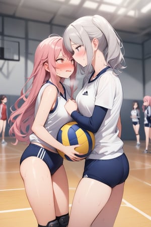 masterpiece, Best Quality, anatomically correct, high resolution, Ultimate cutie, Shiny hair, ((gyaru)), 17 years old, medium breasts, curvy, (potbelly), (Thick thighs), (2 girls), (2 Female volleyball players), ((yuri)), ((sad)), embarrassed expression, ((blush)), 
BREAK, (Holding dirty spherical 6-inch volleyball ball), 
BREAK, adidas, ((buruma)), (Volleyball uniform), Sleeveless, (Knee pad), (elbow sleeve), (Bare hands), ((Sweat)), ((Covered in sweat)), deep breathing, on valleyball court, in gymnasium, eye contact, cowboy shot