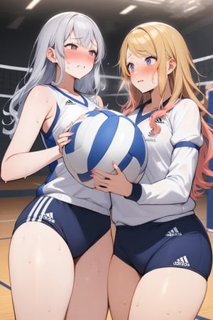 masterpiece, Best Quality, anatomically correct, high resolution, Ultimate cutie, Shiny hair, ((gyaru)), 17 years old, medium breasts, curvy, plump, (Thick thighs), (2 girls), (2 Female volleyball players), ((yuri)), ((sad)), embarrassed expression, ((blush)), 
BREAK, (Holding dirty spherical 6-inch volleyball ball), 
BREAK, adidas, ((buruma)), (Volleyball uniform), Sleeveless, (Knee pad), (elbow sleeve), (Bare hands), ((Sweat)), ((Covered in sweat)), deep breathing, on valleyball court, in gymnasium, eye contact, cowboy shot