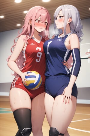 masterpiece, Best Quality, anatomically correct, high resolution, Ultimate cutie, Shiny hair, ((gyaru)), 17 years old, medium breasts, curvy, plump, (Thick thighs), (2 girls), (2 Female volleyball players), ((yuri)), ((sad)), tearfully, ((blush)), 
BREAK, (Holding dirty spherical 6-inch volleyball ball), 
BREAK, ((red buruma)), (Volleyball uniform), Sleeveless, (Knee pad), (elbow sleeve), (Bare hands), ((Sweat)), ((Covered in sweat)), deep breathing, on valleyball court, in gymnasium, eye contact, cowboy shot