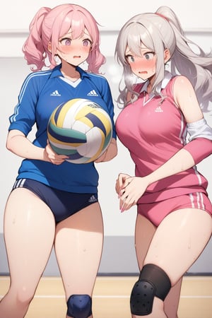 masterpiece, Best Quality, anatomically correct, high resolution, Ultimate cutie, Shiny hair, ((gyaru)), 17 years old, medium breasts, curvy, plump, (Thick thighs), (2 girls), (2 Female volleyball players), ((yuri)), ((sad)), tearfully, ((blush)), 
BREAK, (Holding dirty spherical 6-inch volleyball ball), 
BREAK, adidas, ((buruma)), (Volleyball uniform), Sleeveless, (Knee pad), (elbow sleeve), (Bare hands), ((Sweat)), ((Covered in sweat)), deep breathing, on valleyball court, in gymnasium, eye contact, cowboy shot