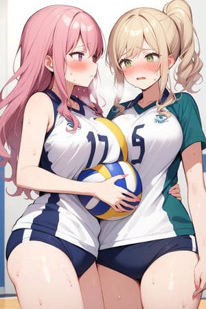 masterpiece, Best Quality, anatomically correct, high resolution, Ultimate cutie, Shiny hair, ((gyaru)), 17 years old, medium breasts, curvy, plump, (Thick thighs), (2 girls), (2 Female volleyball players), ((yuri)), ((sad)), tearfully, ((blush)), 
BREAK, (Holding dirty spherical 6-inch volleyball ball), 
BREAK, ((buruma)), (Volleyball uniform), Sleeveless, (Knee pad), (elbow sleeve), (Bare hands), ((Sweat)), ((Covered in sweat)), deep breathing, on valleyball court, in gymnasium, eye contact, cowboy shot