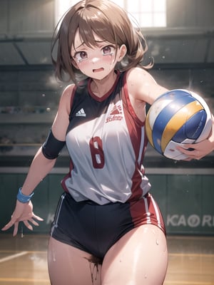 masterpiece, Best Quality, high resolution, ((Ultimate cutie)), Detailed beautiful face, Shiny hair, (gyaru), (Plump), (((soro))), (Female volleyball players), (Yuri)), (((frustrated expression))), ((tearfully)), ((blush)), 
BREAK, ((Holding a dirty spherical 6-inch volleyball ball)), BREAK, adidas, (Buruma), (Volleyball uniform), Sleeveless, (Knee pad), (elbow pad), (Bare hands), ((Sweat)), ((Covered in sweat)), (deep breathing), on valleyball court, in gymnasium, cowboy shot