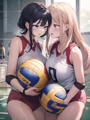 (((masterpiece))), (((Best Quality))), (((ultra-detail art))), (((high resolution))), ((superfine illustration)), ((Ultimate cutie)), Detailed beautiful face, Shiny hair, (gyaru), ((Plump)), (((2girls))), (((2 Female volleyball players))), ((Yuri)), ((frustrated expression)), ((tearfully)),  ((blush)), 
BREAK, ((Holds dirty spherical 6-inch volleyball ball)), BREAK, (((Buruma))), (Volleyball uniform), Sleeveless Volleyball Uniforms, (((Buruma))), (Knee pad), (elbow pad), (Bare hands), ((Sweat)), ((Covered in sweat)), (deep breathing), on valleyball court, in gymnasium, Look at viewers, 