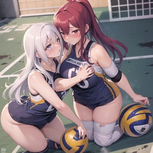 (((masutepiece))), (((Best Quality))), (((ultra-detailliert))), (((hight resolution))), ((superfine illustration)), ((Ultimate cutie)), Detailed beautiful face, Shiny hair, (gals), ((Plump)), (((2girls))), (((2 Female volleyball players))), ((Yuri)), ((sad)), Tears, ((blush)), 
BREAK, (((Holds dirty spherical 6-inch volleyballs))), BREAK, (((Buruma))), (Volleyball uniform), Sleeveless Volleyball Uniforms, (((Buruma))), (Knee pad), (elbow pad), (Bare hands), ((Sweat)), ((Covered in sweat)), (deep breathing), on valleyball court, in gymnasium, Lighting, From  above, Look at viewers, 