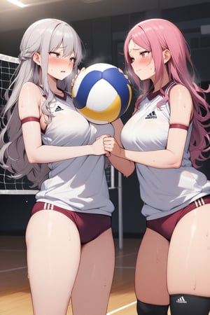 masterpiece, Best Quality, anatomically correct, high resolution, Ultimate cutie, Shiny hair, ((gyaru)), 17 years old, medium breasts, curvy, plump, (Thick thighs), (2 girls), (2 Female volleyball players), ((yuri)), ((sad)), tearfully, ((blush)), 
BREAK, (Holding dirty spherical 6-inch volleyball ball), 
BREAK, adidas, ((buruma)), (Volleyball uniform), Sleeveless, (Knee pad), (elbow sleeve), (Bare hands), ((Sweat)), ((Covered in sweat)), deep breathing, on valleyball court, in gymnasium, eye contact, cowboy shot