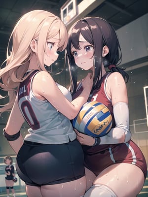 (((masterpiece))), (((Best Quality))), (((ultra-detail art))), (((high resolution))), ((superfine illustration)), ((Ultimate cutie)), Detailed beautiful face, Shiny hair, (gals), ((Plump)), (((2girls))), (((2 Female volleyball players))), ((Yuri)), ((sad)), Tears, ((blush)), 
BREAK, ((Holds dirty spherical 6-inch volleyball ball)), BREAK, (((Buruma))), (Volleyball uniform), Sleeveless Volleyball Uniforms, (((Buruma))), (Knee pad), (elbow pad), (Bare hands), ((Sweat)), ((Covered in sweat)), (deep breathing), on valleyball court, in gymnasium, Look at viewers, 