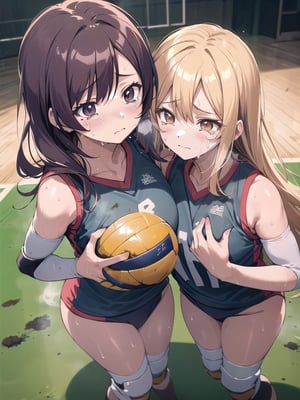 (((masutepiece))), (((Best Quality))), (((ultra-detailliert))), (((hight resolution))), ((superfine illustration)), ((Ultimate cutie)), Detailed beautiful face, Shiny hair, (gals), ((Plump)), (((2girls))), (((2 Female volleyball players))), ((Yuri)), ((sad)), Tears, ((blush)), 
BREAK, (((Holds dirty spherical 6-inch volleyballs))), BREAK, (((Buruma))), (Volleyball uniform), Sleeveless Volleyball Uniforms, (((Buruma))), (Knee pad), (elbow pad), (Bare hands), ((Sweat)), ((Covered in sweat)), (deep breathing), on valleyball court, in gymnasium, Lighting, From  above, Look at viewers, 