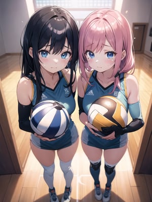 A masterpiece of ultra detailed art! In a high-resolution illustration, we find two female volleyball players, Yuri, dressed in sleeveless volleyball uniforms, knee pads, and elbow pads. Their bare hands hold 6-inch volleyball ball as they stand on the valleyball court within a gymnasium. The lighting comes from above, casting a warm glow on their faces, which are filled with sadness (sad) and slight embarrassment (blush). Tears well up in their eyes as they gaze directly at the viewer, their shiny hair styled in a gyaru fashion. The overall composition is one of deep breathing, exhaustion, and vulnerability, inviting us to step into their emotional valley.