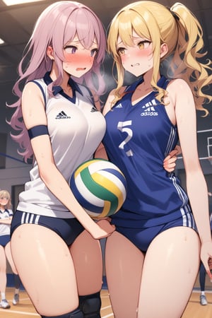 masterpiece, Best Quality, anatomically correct, high resolution, Ultimate cutie, Shiny hair, ((gyaru)), 17 years old, medium breasts, curvy, (potbelly), (Thick thighs), (2 girls), (2 Female volleyball players), ((yuri)), ((sad)), embarrassed expression, ((blush)), 
BREAK, (Holding dirty spherical 6-inch volleyball ball), 
BREAK, adidas, ((buruma)), (Volleyball uniform), Sleeveless, (Knee pad), (elbow sleeve), (Bare hands), ((Sweat)), ((Covered in sweat)), deep breathing, on valleyball court, in gymnasium, eye contact, cowboy shot