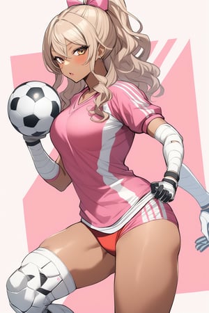 ⚽️、1girl, gyaru, goalkeeper, buruma, gloves, knee supporter, elbow supporter, holding soccer ball, cowboy shot, perfect anatomy 