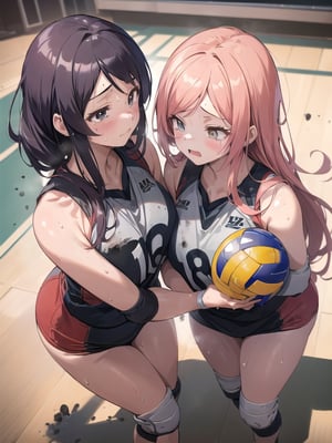 (((masutepiece))), (((Best Quality))), (((ultra-detailliert))), (((hight resolution))), ((superfine illustration)), ((Ultimate cutie)), Detailed beautiful face, Shiny hair, (gals), ((Plump)), (((2girls))), (((2 Female volleyball players))), ((Yuri)), ((sad)), Tears, ((blush)), 
BREAK, (((Holds dirty spherical 6-inch volleyballs))), BREAK, (((Buruma))), (Volleyball uniform), Sleeveless Volleyball Uniforms, (((Buruma))), (Knee pad), (elbow pad), (Bare hands), ((Sweat)), ((Covered in sweat)), (deep breathing), on valleyball court, in gymnasium, Lighting, From  above, Look at viewers, 