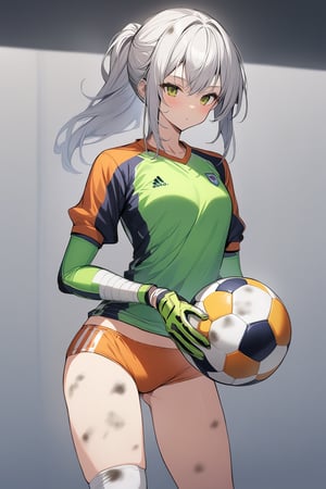 ⚽️, 1girls, goalkeeper uniform, buruma, gloves, knee supporter, elbow supporter, holding a Holding perfectly spherical, and dirty 6-inch soccer ball, cowboy shot, perfect anatomy