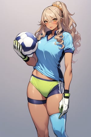 ⚽️、1girl, gyaru, goalkeeper, buruma, gloves, knee supporter, elbow supporter, holding football ball, cowboy shot, perfect anatomy