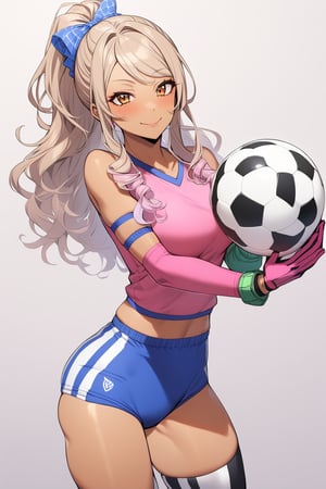 ⚽️、1girl, gyaru, goalkeeper, buruma, gloves, knee supporter, elbow supporter, holding soccer ball, cowboy shot, perfect anatomy 