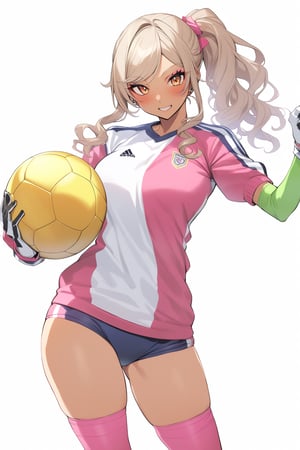 ⚽️, 1girls, gyaru, goalkeeper uniform, buruma, gloves, knee supporter, 
Holding a perfectly spherical soccer ball, cowboy shot, perfect anatomy
