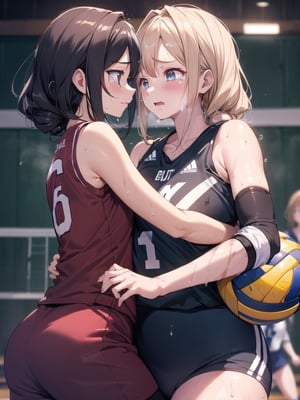 masterpiece, Best Quality, high resolution, ((Ultimate cutie)), Detailed beautiful face, Shiny hair, (gyaru), ((Plump)), (((2girls))), (((2 Female volleyball players))), ((Yuri)), ((frustrated expression)), ((tearfully)),  ((blush)), 
BREAK, ((Holds dirty spherical 6-inch volleyball ball)), BREAK, adidas, (Buruma), (Volleyball uniform), Sleeveless, (Knee pad), (elbow pad), (Bare hands), ((Sweat)), ((Covered in sweat)), (deep breathing), on valleyball court, in gymnasium, Look at viewers, cowboy shot