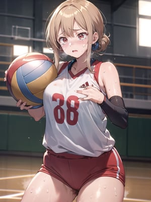 masterpiece, Best Quality, high resolution, ((Ultimate cutie)), Detailed beautiful face, Shiny hair, (gyaru), (Plump), (((soro))), (Female volleyball players), (Yuri)), (((frustrated expression))), ((tearfully)), ((blush)), 
BREAK, ((Holding a dirty spherical 6-inch volleyball ball)), BREAK, adidas, (Buruma), (Volleyball uniform), Sleeveless, (Knee pad), (elbow pad), (Bare hands), ((Sweat)), ((Covered in sweat)), (deep breathing), on valleyball court, in gymnasium, cowboy shot