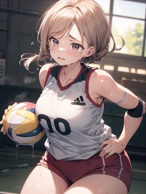 masterpiece, Best Quality, high resolution, ((Ultimate cutie)), Detailed beautiful face, Shiny hair, (gyaru), ((Plump)), (((soro))), (Female volleyball players), (Yuri)), (((frustrated expression))), ((tearfully)), ((blush)), 
BREAK, ((Holding a dirty spherical 6-inch volleyball ball)), BREAK, adidas, (Buruma), (Volleyball uniform), Sleeveless, (Knee pad), (elbow pad), (Bare hands), ((Sweat)), ((Covered in sweat)), (deep breathing), on valleyball court, in gymnasium, cowboy shot