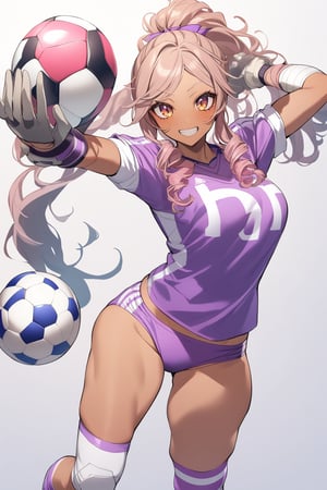 ⚽️、1girl, gyaru, goalkeeper, buruma, gloves, knee supporter, elbow supporter, holding soccer ball, cowboy shot, perfect anatomy 