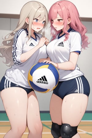 masterpiece, Best Quality, anatomically correct, high resolution, Ultimate cutie, Shiny hair, ((gyaru)), 17 years old, medium breasts, curvy, plump, (Thick thighs), (2 girls), (2 Female volleyball players), ((yuri)), ((sad)), tearfully, ((blush)), 
BREAK, (Holding dirty spherical 6-inch volleyball ball), 
BREAK, adidas, ((buruma)), (Volleyball uniform), Sleeveless, (Knee pad), (elbow sleeve), (Bare hands), ((Sweat)), ((Covered in sweat)), deep breathing, on valleyball court, in gymnasium, eye contact, cowboy shot