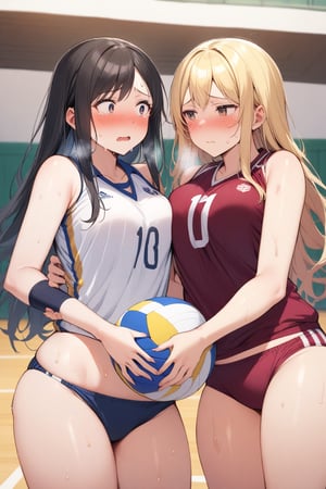 masterpiece, Best Quality, anatomically correct, high resolution, Ultimate cutie, Shiny hair, ((gyaru)), 17 years old, medium breasts, curvy, plump, (Thick thighs), (2 girls), (2 Female volleyball players), ((yuri)), ((sad)), tearfully, ((blush)), 
BREAK, (Holding dirty spherical 6-inch volleyball ball), 
BREAK, ((buruma)), (Volleyball uniform), Sleeveless, (Knee pad), (elbow sleeve), (Bare hands), ((Sweat)), ((Covered in sweat)), deep breathing, on valleyball court, in gymnasium, eye contact, cowboy shot
