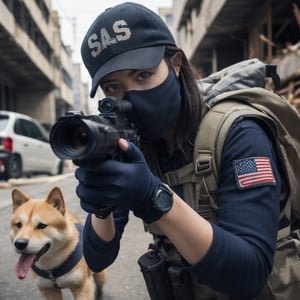 realistic photography, cinematic still, street photography style, a woman wearing a navy seal costume, face to kess Bird eye view shot, walking with a Shiba dog in war, shot gun, broken building, fire, 