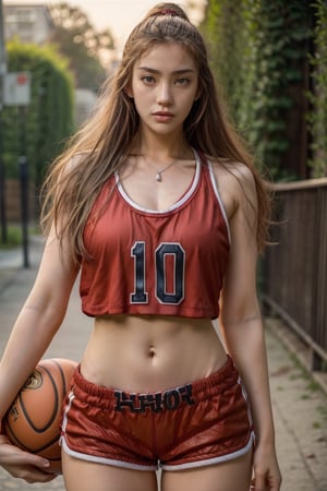 1 woman, looking at you, perfect body, navel hair, shorts, shirtless, park, daylight, broad shoulders, wearing red basketball uniforms,realistic photography cinematic still 