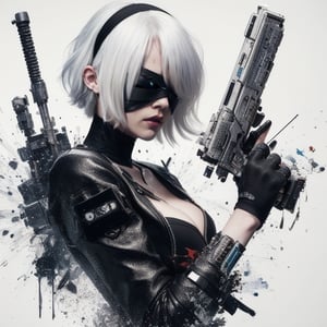 n_2b, white hair, realistic photography, action,white background,ink,(black blindfold:1.3),Ultra-detail,(highres:1.1),best quality,(masterpiece:1.3),cinematic lighting,Cyberpunk VR ,Cyberpunk,C7b3rp0nkStyle,Cyber_Egypt,pureerosface_v1